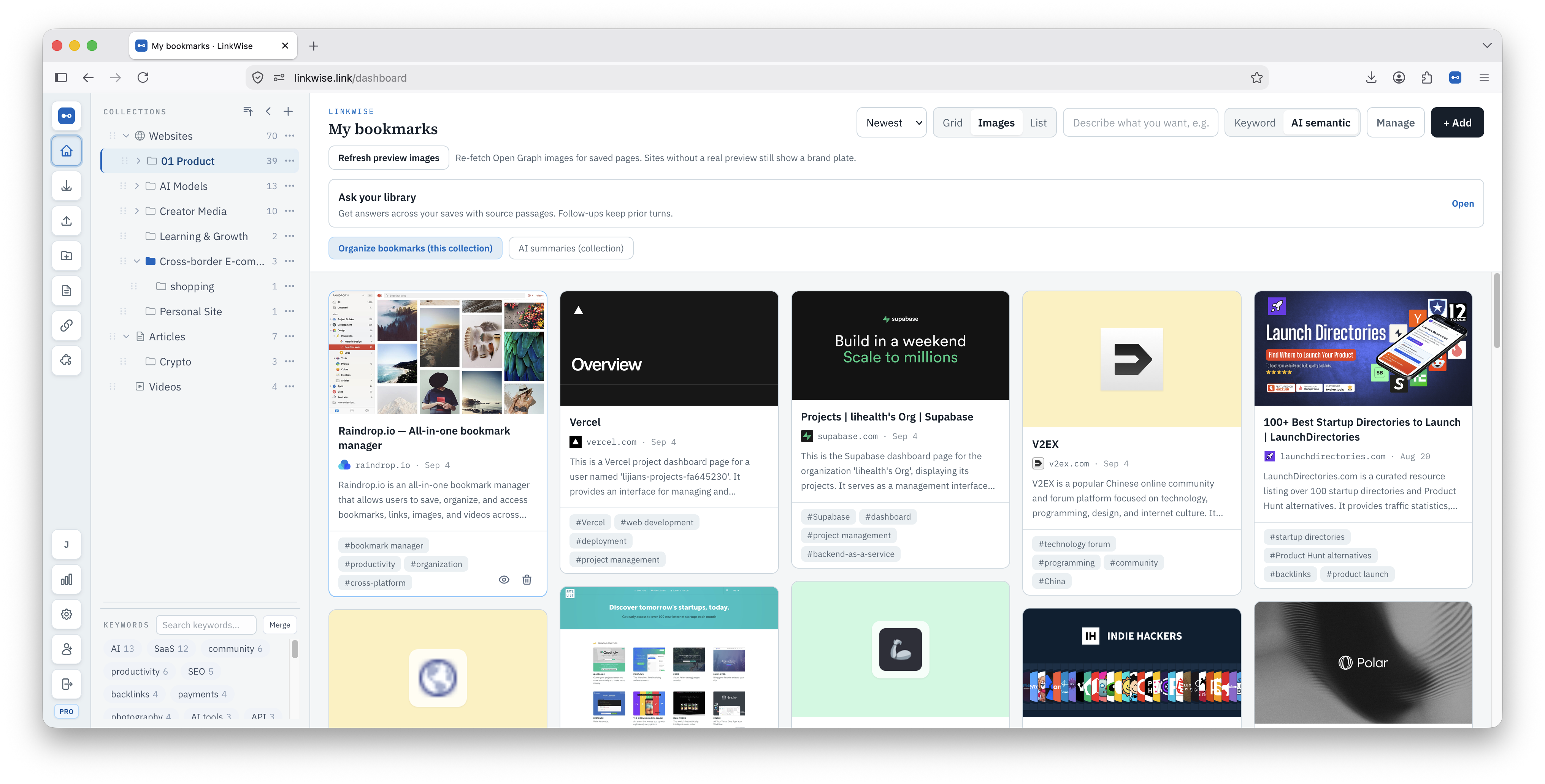 LinkWise library—collections, semantic search, and knowledge assets from the public web